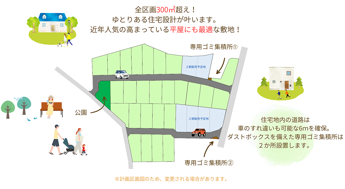 全区画300m2超え！ゆとりある住宅設計が叶います。近年人気の高まっている平屋にも最適な敷地！